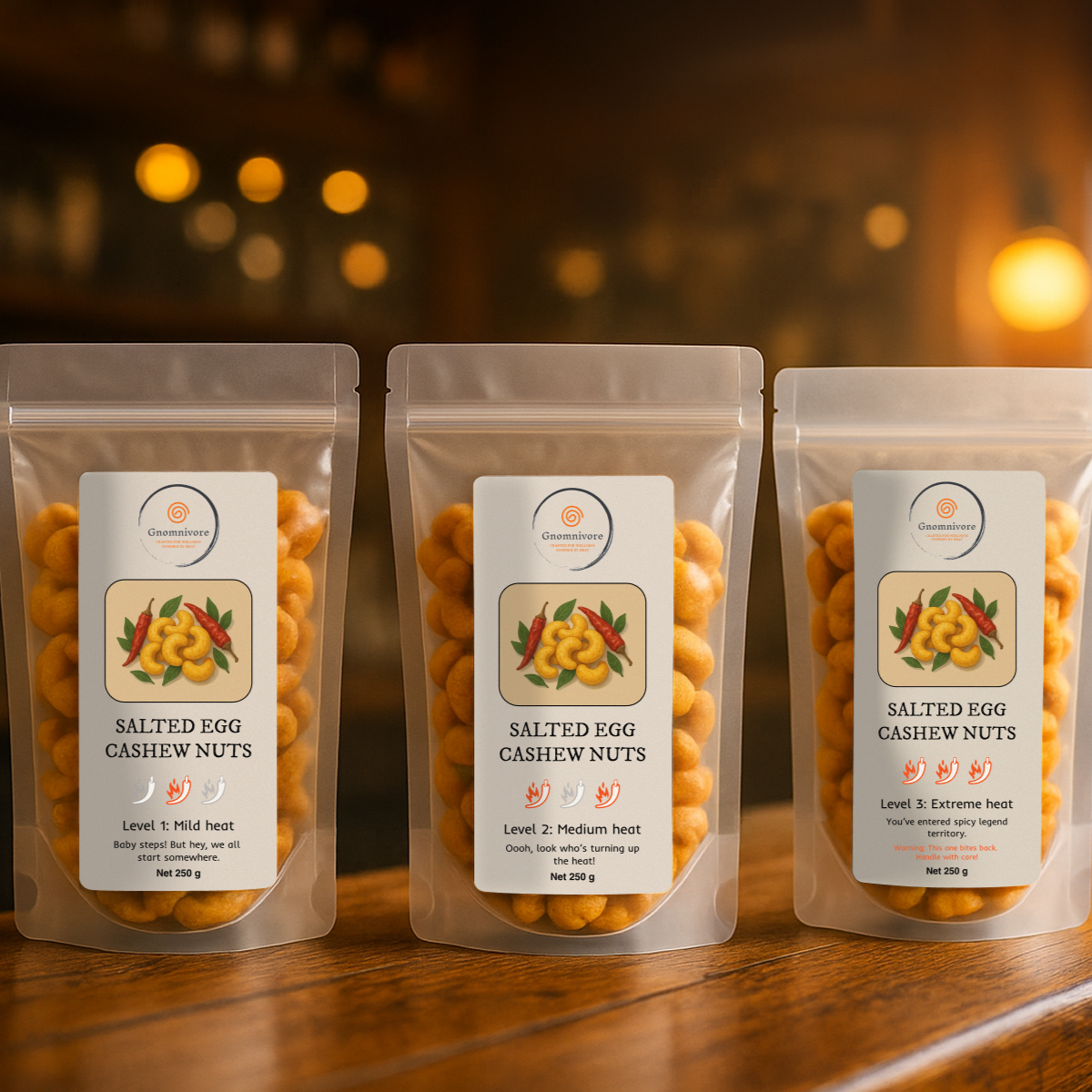 Three packages of salted egg cashew nuts on a wooden surface with a blurred background