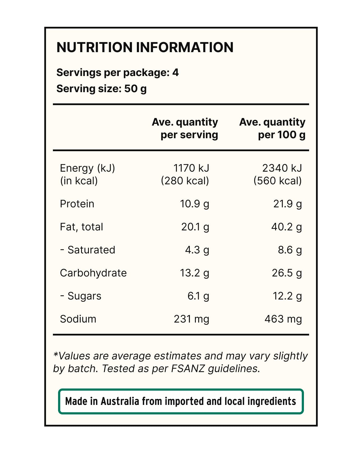 Nutrition information label for a food product on a white background