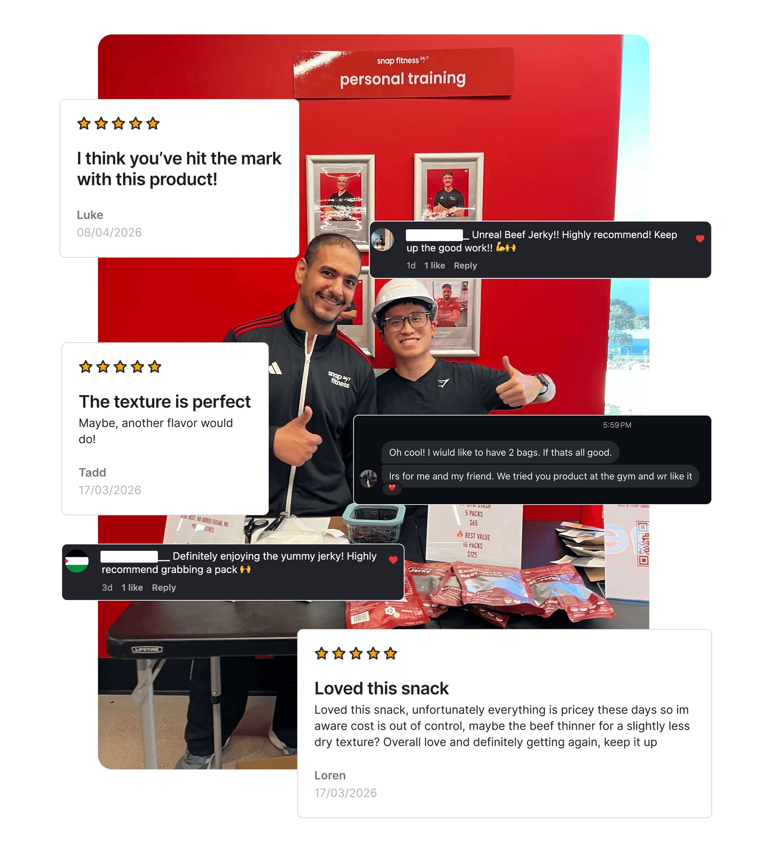 Review photo of Gnomnivore founder with a personal training at the gym surrounded by product reviews and images.
