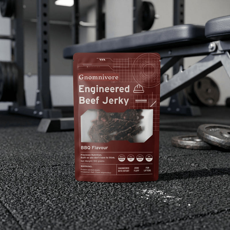 Gnomnivore Engineered Beef Jerky package on a gym floor with weights and exercise equipment in the background