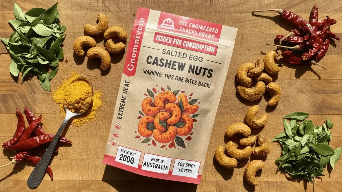 Gnomnivore engineered spicy snacks package with spices on flat lay position on a wooden chopping board.