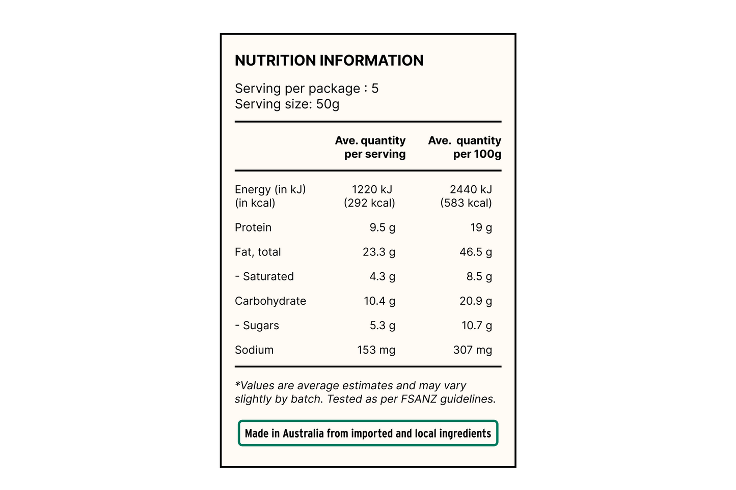 Nutrition information label on a white background of salted egg cashew nuts spicy snacks
