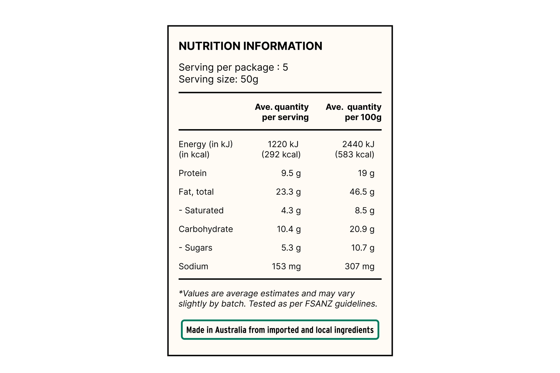 Nutrition information label on a white background of salted egg cashew nuts spicy snacks