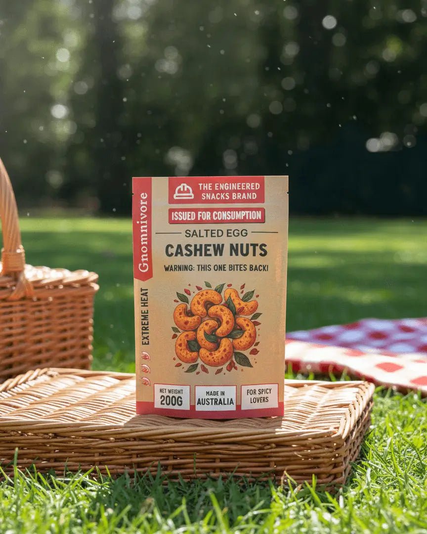 Spicy Salted Egg Cashew Nuts (200g) - on a picnic sence on green grass of a park.