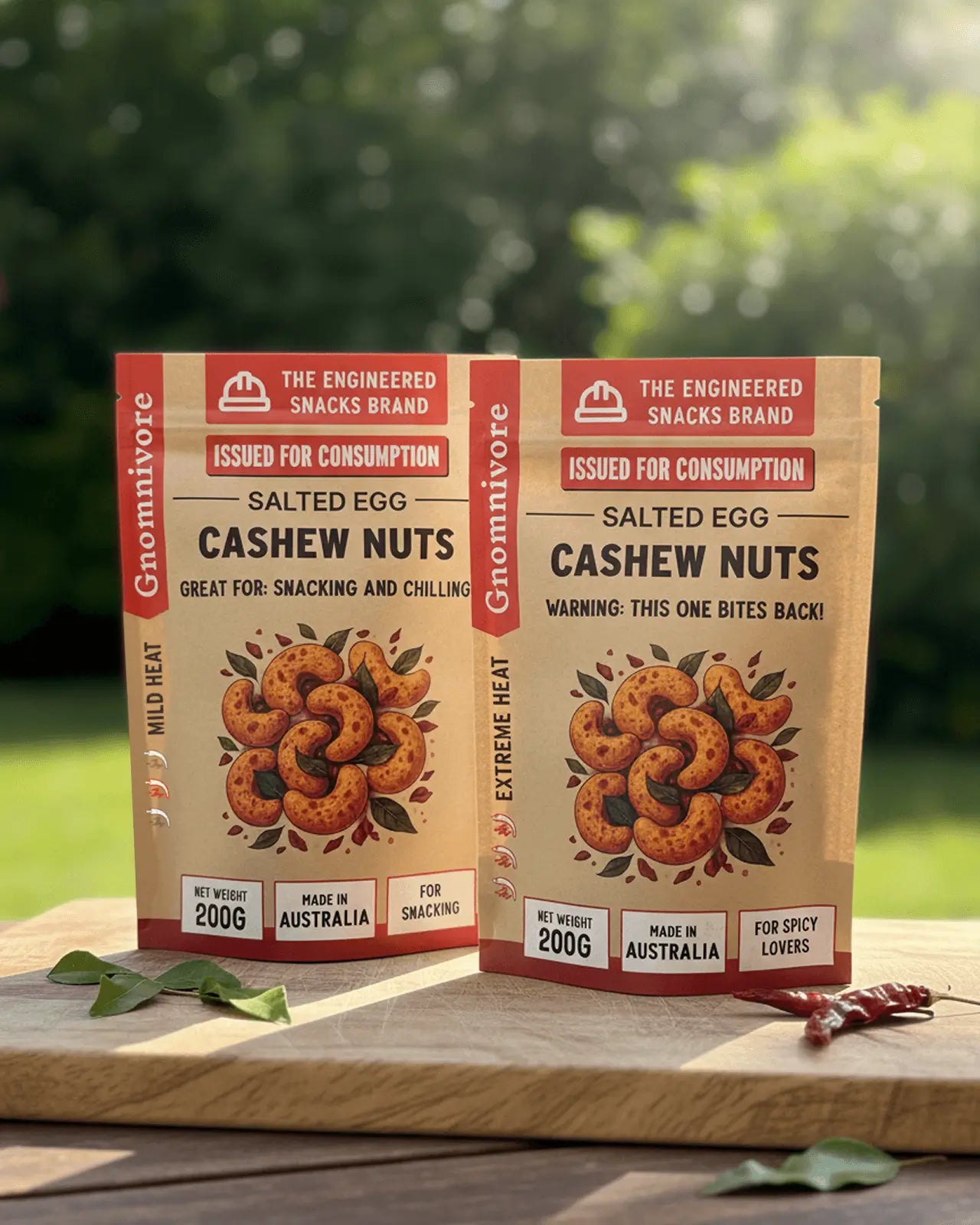 Two packages of Gnomnivore Salted Egg Cashew Nuts on a wooden surface with a blurred green background. Engineered spicy snacks nearby.