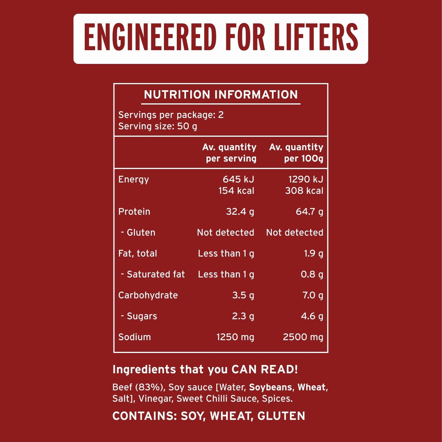 Gnomnivore Engineered Beef Jerky nutrtiona fact table. With 2 servings of 50g per package.