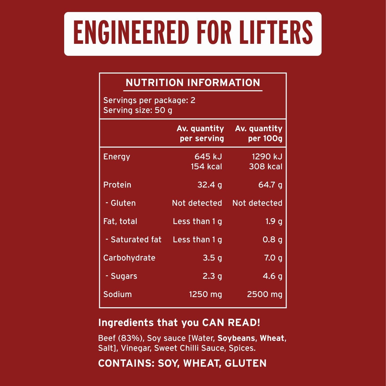 Gnomnivore Engineered Beef Jerky nutrtiona fact table. With 2 servings of 50g per package.
