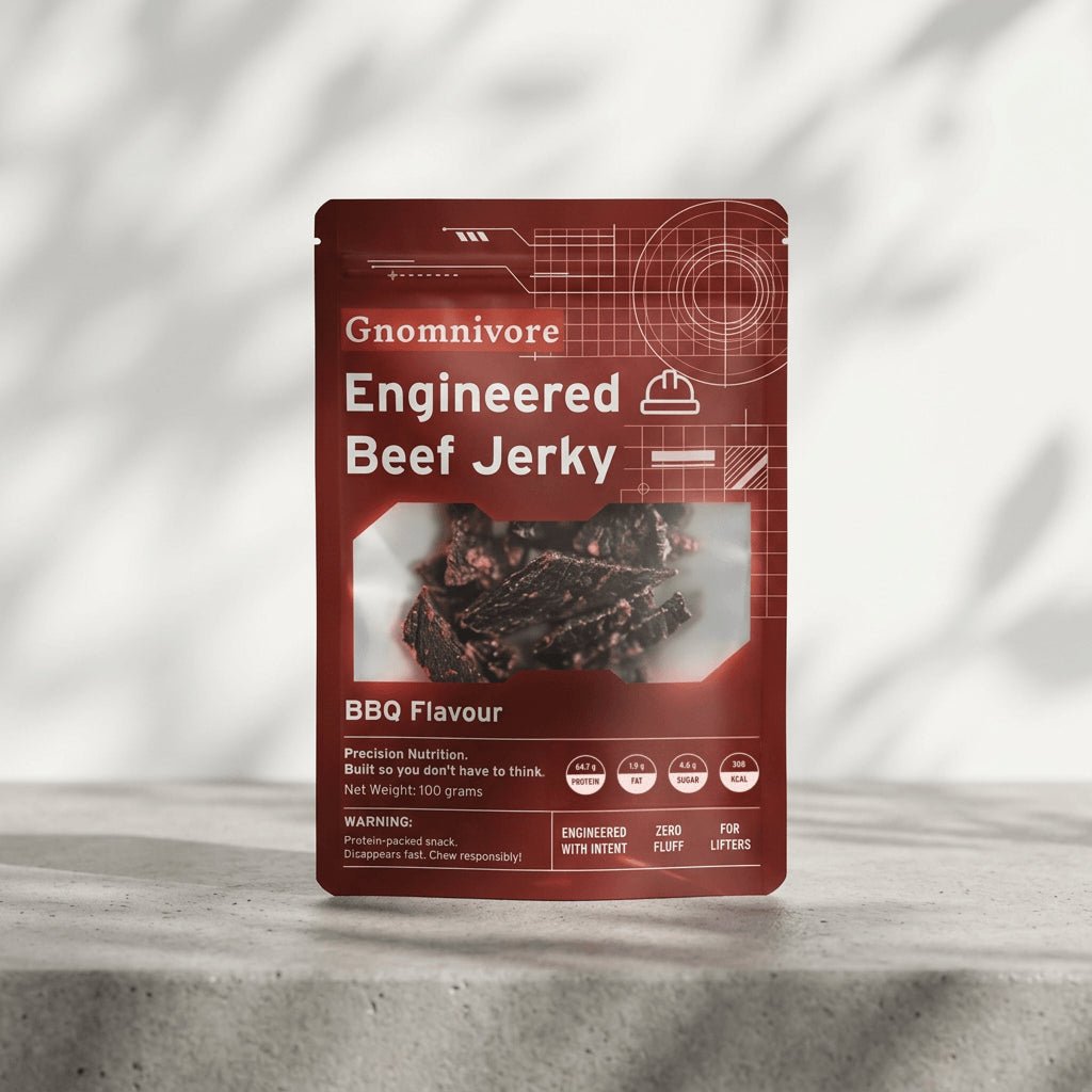 Gnomnivore Engineered Beef Jerky BBQ Flavour package on a gray surface with a light gray background
